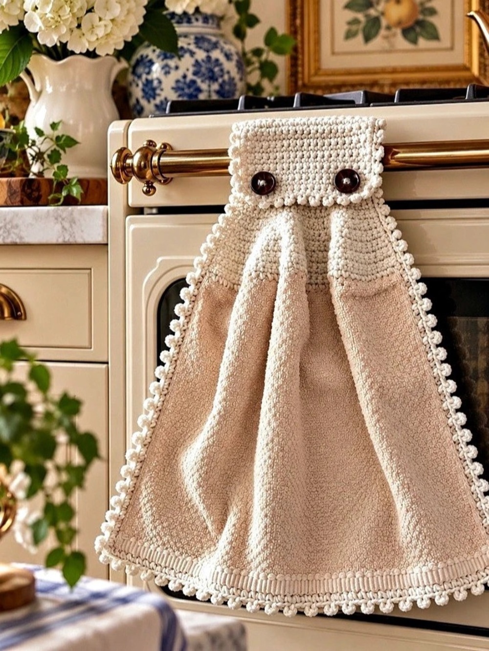 Artisan Handmade Crochet Hanging Kitchen Towel Beige Ivory Brown Buttons